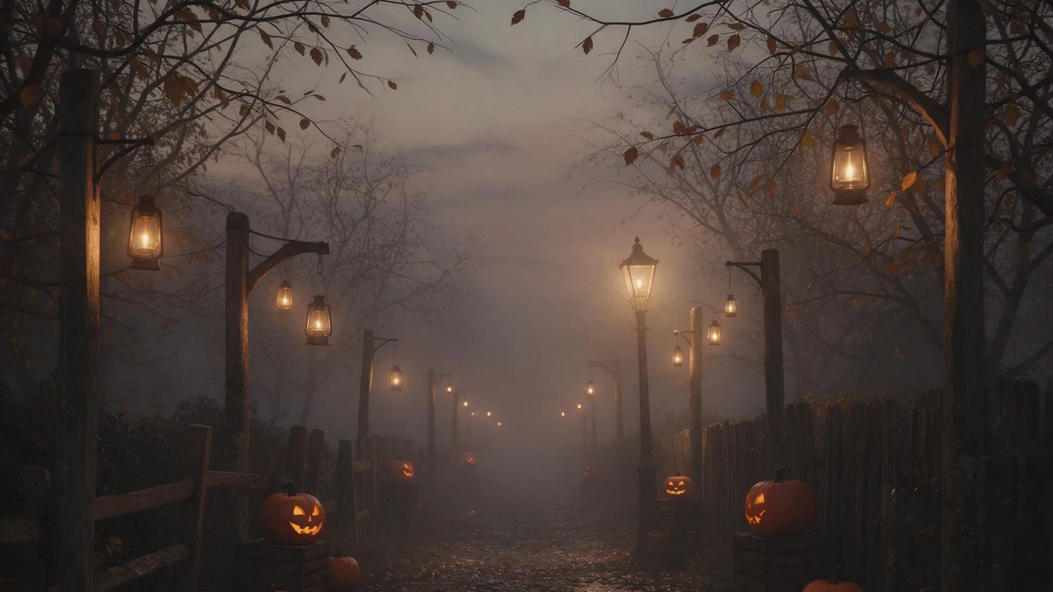 Foggy lane at dusk with lanterns, carved pumpkins and an antique street lamp casting warm, diffused light over damp leaves; moody autumn tones, no people