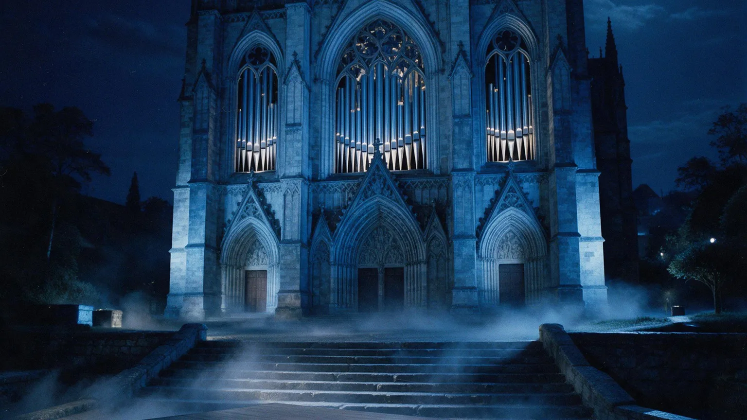 Moonlit Gothic cathedral facade with soft light on organ pipes and brass instruments on a wooden stage, mist hugging stone steps, cool cinematic tones, no people
