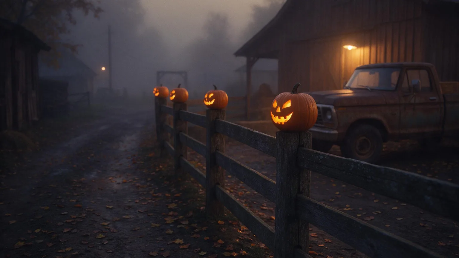 Foggy rural lane at dusk with a weathered fence, lit jack‑o'lanterns on posts, a rusted pickup near a cedar barn and scattered autumn leaves; warm amber and deep indigo tones, no people
