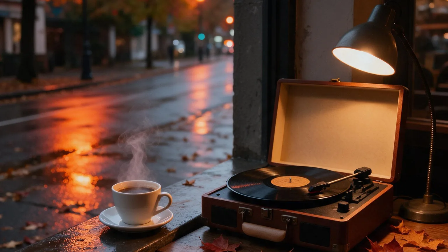 Dusk urban sidewalk with wet reflections, steaming cup on a cafe ledge next to a vintage record player and scattered maple leaves, warm orange tones, no people