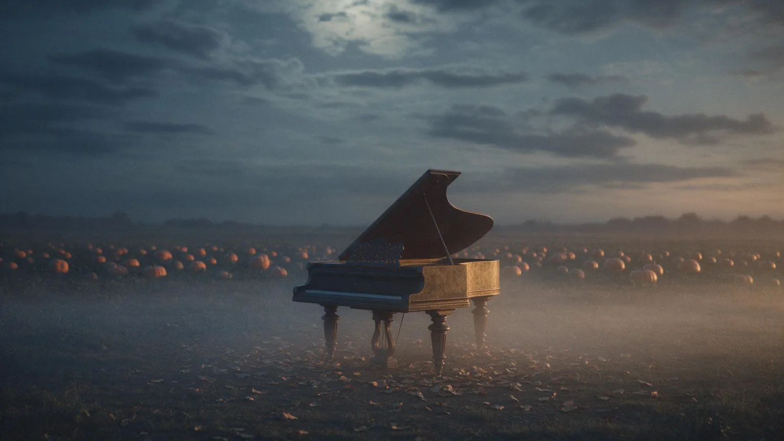 Antique grand piano outdoors at dusk on a foggy field with scattered leaves and distant pumpkins, cool blue and amber tones, cinematic lighting, no people
