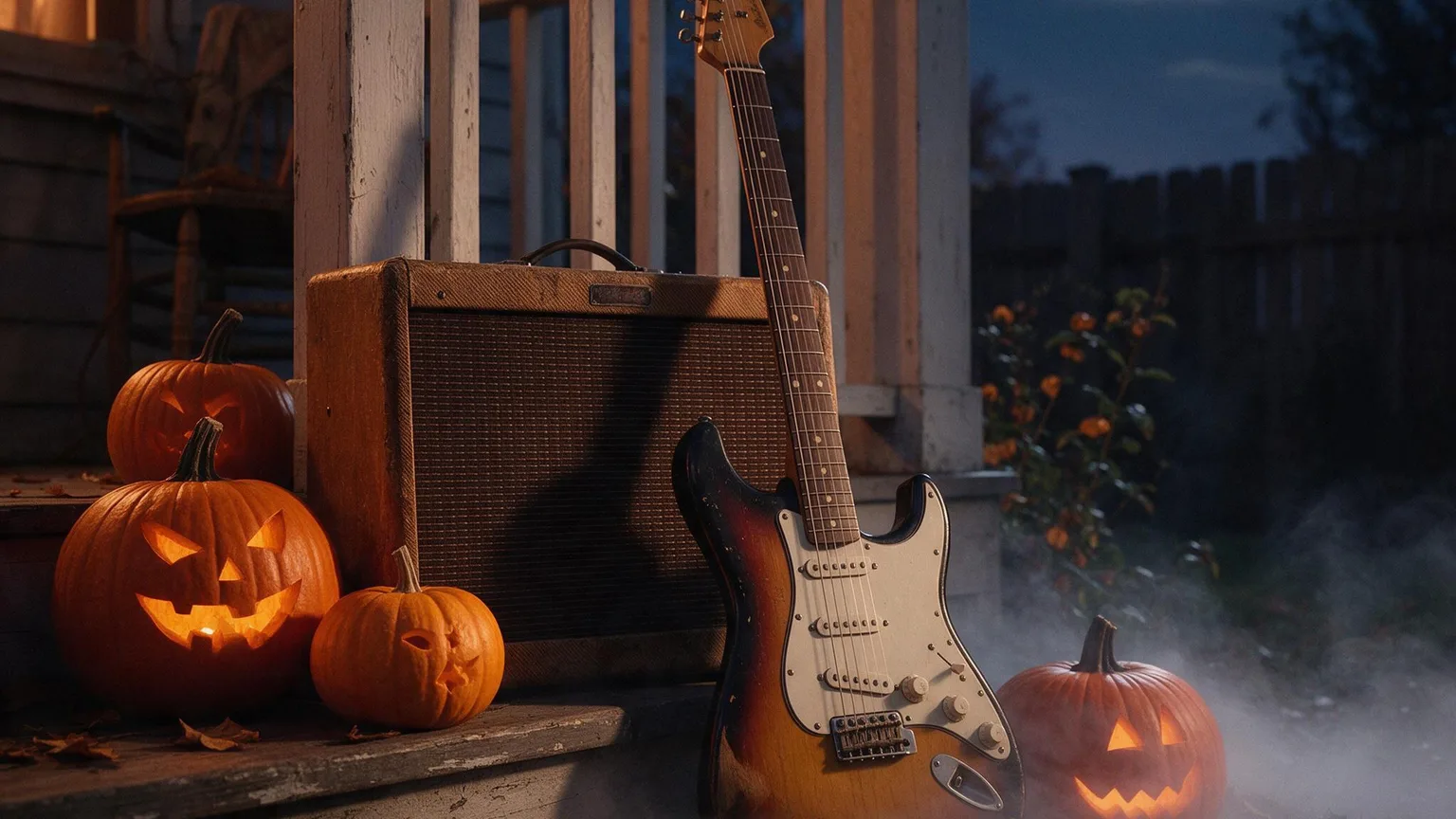 Moonlit porch with carved pumpkins and a vintage electric guitar beside a tube amplifier, fog and fallen leaves, warm orange and indigo tones, no people