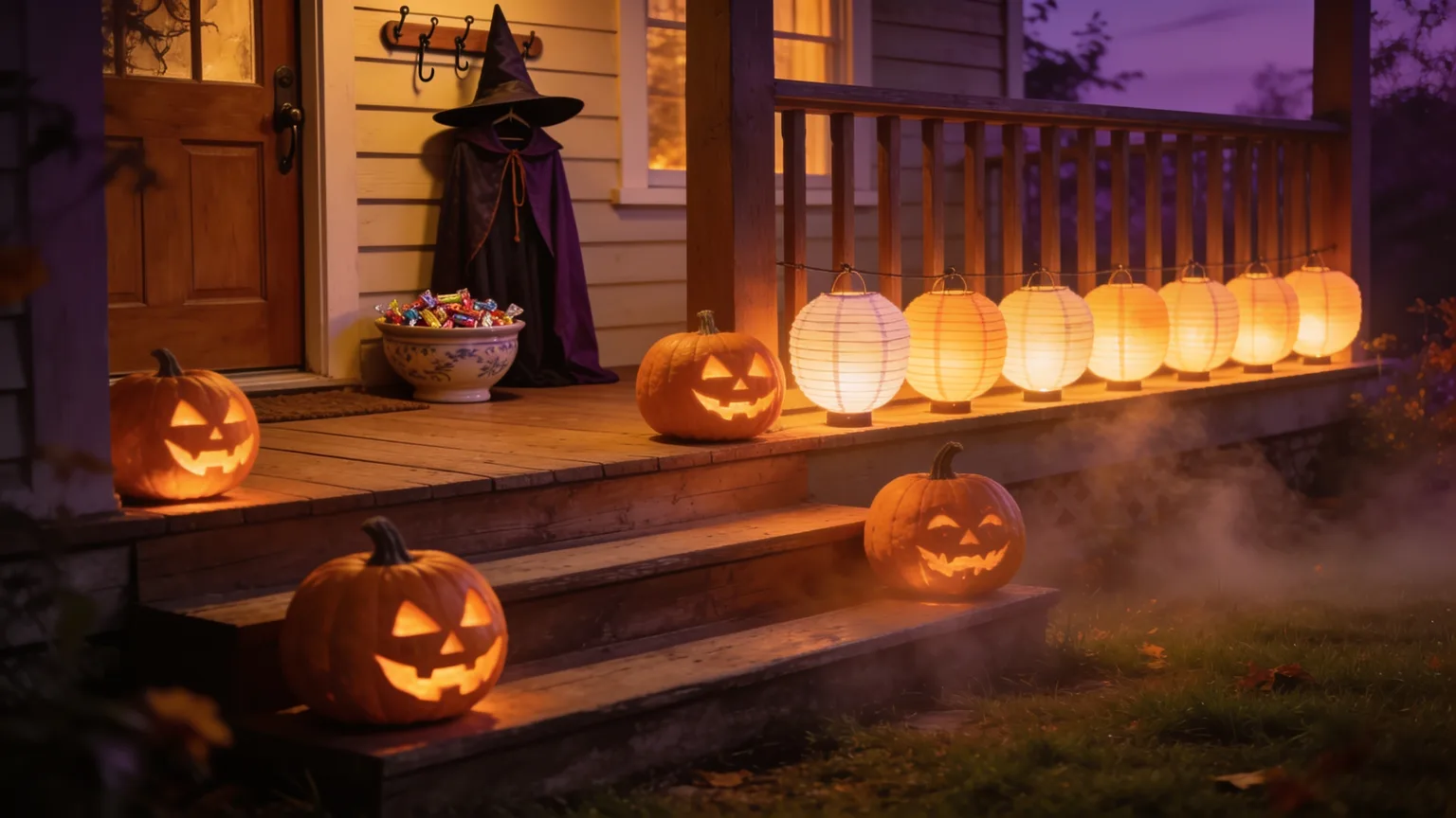 Carved pumpkins and glowing lanterns on a foggy porch at dusk, a candy bowl by the door, the setting for an original Halloween song
