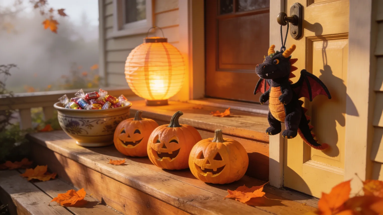 A sunny porch step with three small carved pumpkins, a bowl of wrapped candy, and a tiny dragon costume hanging on a hook, ready for a friendly-spooky Halloween singalong