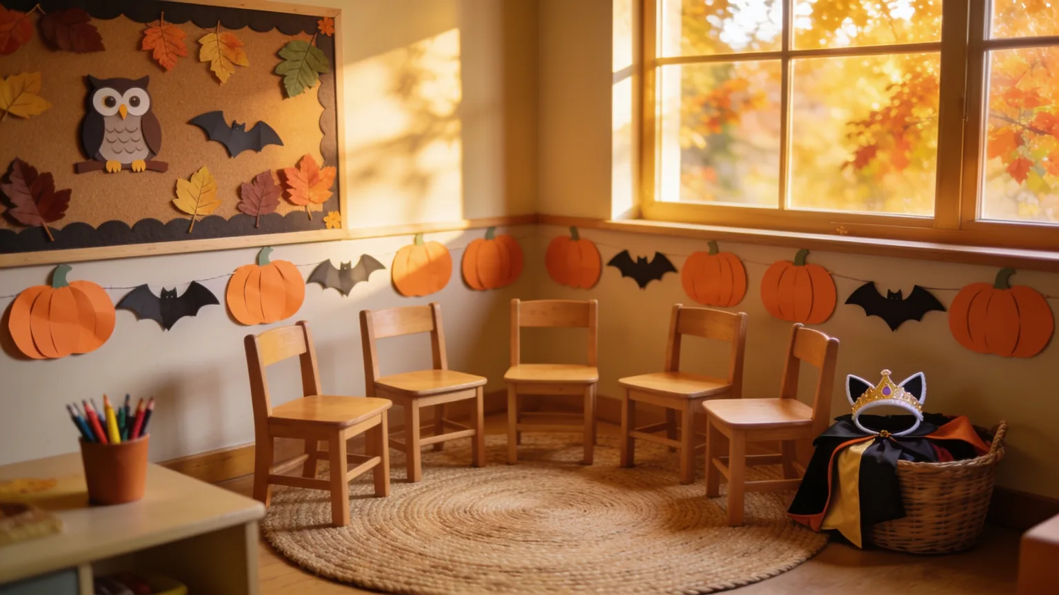 An empty preschool classroom corner in warm autumn light: small chairs in a circle on a rug, paper pumpkins and paper bats on the wall, a felt board, a cup of crayons and a basket of costume pieces, ready for Halloween circle time