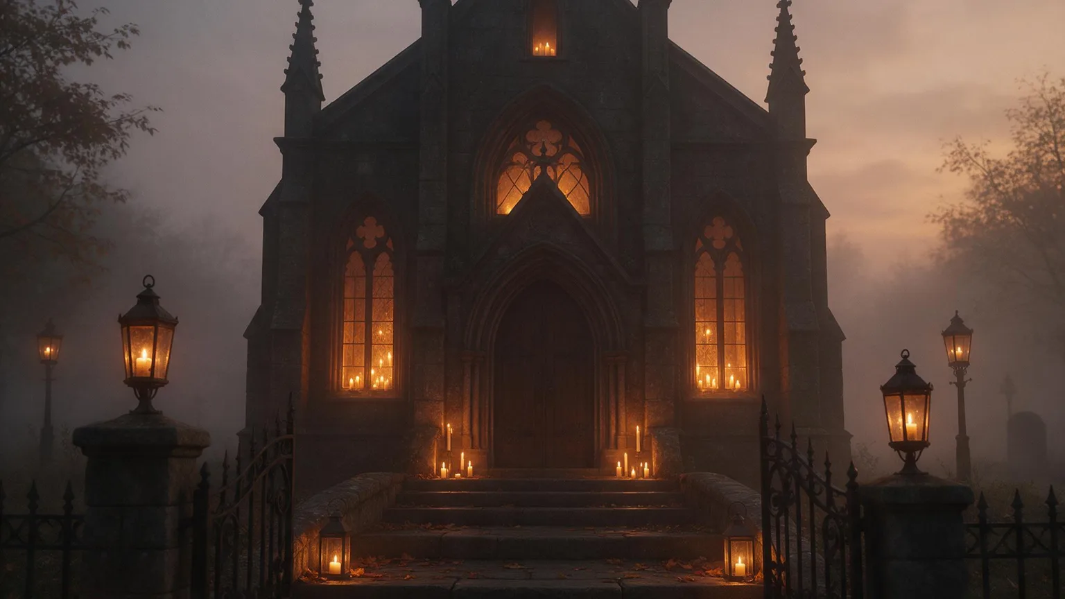 Gothic chapel at dusk with warm candlelight in arched windows, lanterns on stone steps and autumn leaves, no people.