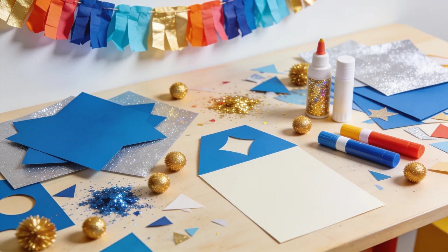 Craft table covered in blue and gold Hanukkah projects ready for classroom Hanukkah songs for kids