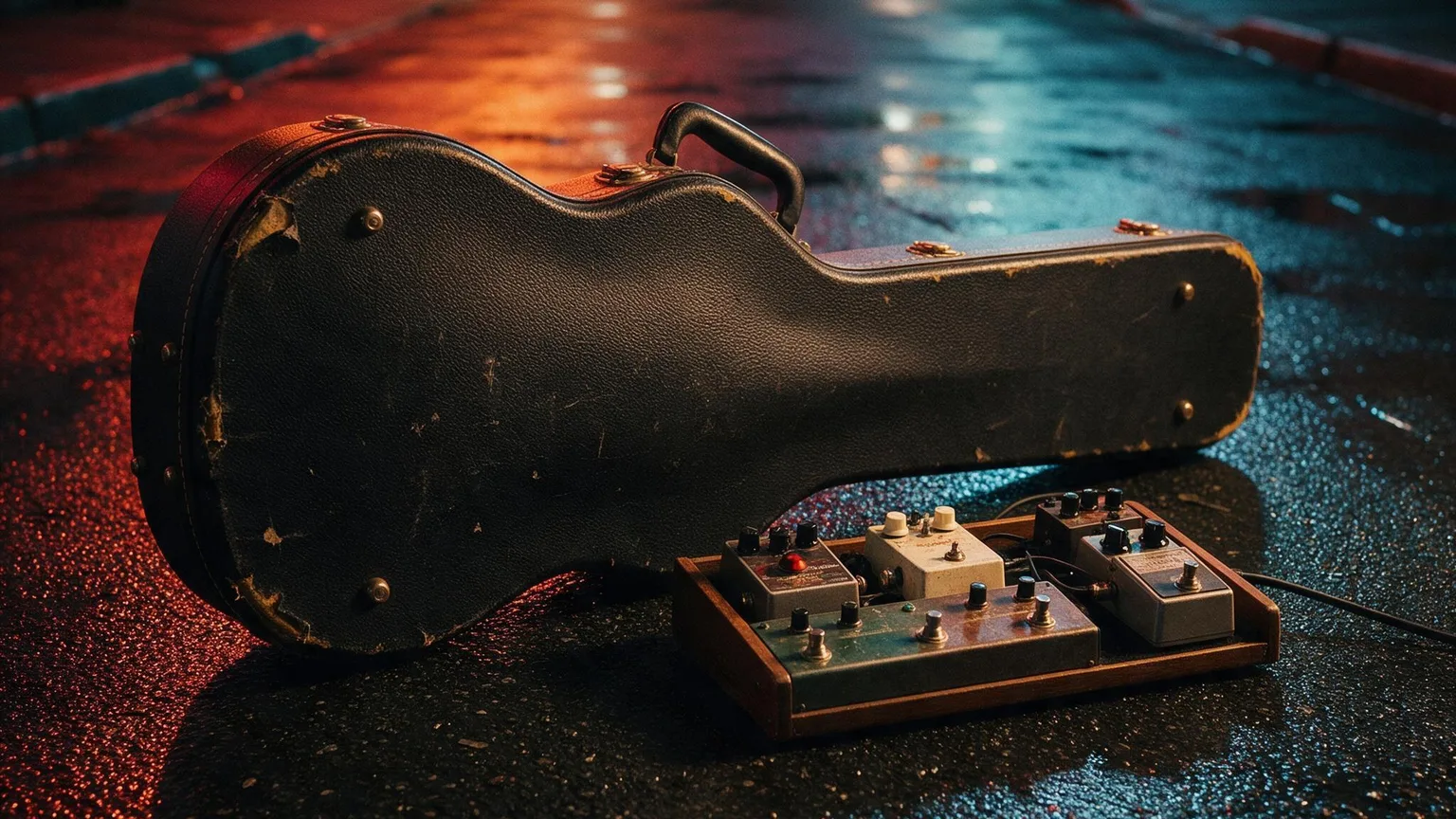 Night alley with wet pavement reflecting neon lights, guitar case and pedalboard on the ground, moody warm highlights and deep shadows, no people