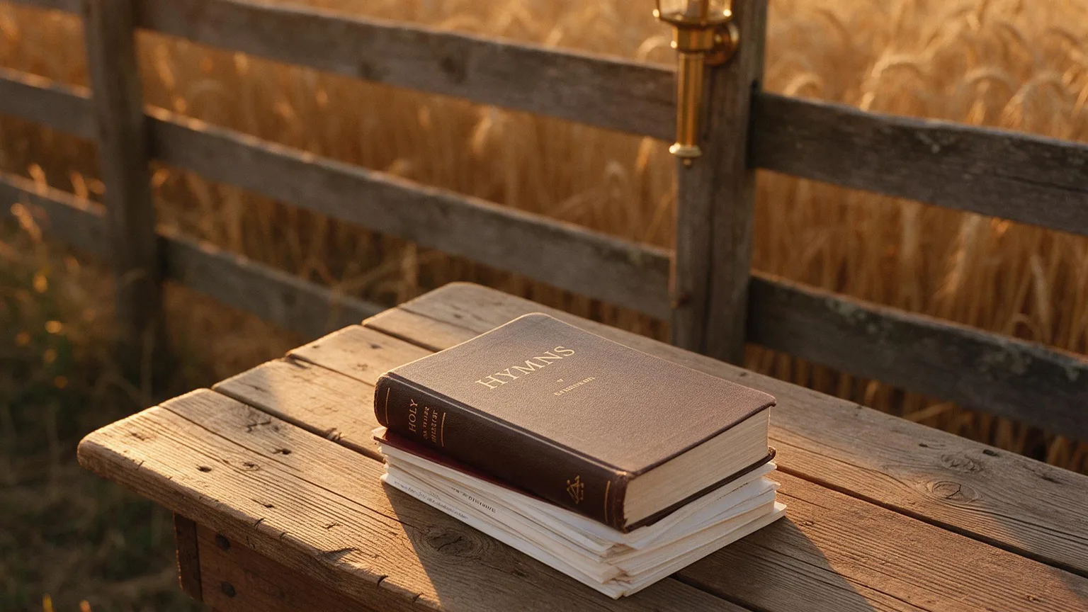 Sunset over a golden wheat field with a weathered fence and a brass lantern beside a stack of hymnals, warm autumn tones, square crop, no people