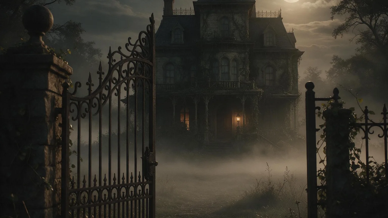 Overgrown Victorian manor at moonrise with fog and a glowing window, lantern light near a half-open wrought-iron gate, cinematic tones, no people