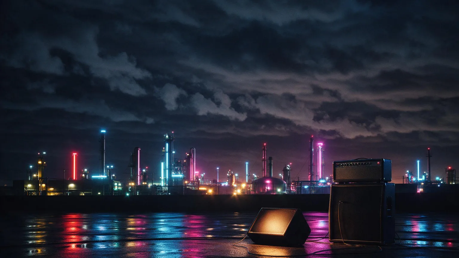 Industrial nighttime skyline with neon reflections, wet asphalt foreground and stacked guitar amplifiers creating a moody, cinematic metal tone, no people