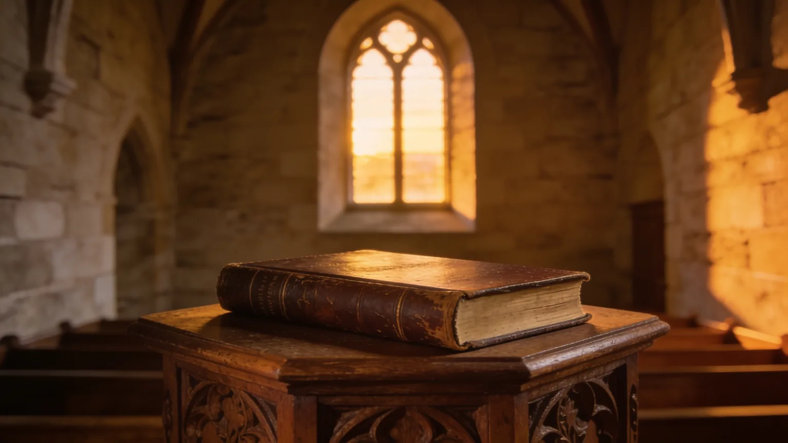 A closed leather-bound volume on a chapel lectern in evening light, the centuries-old tradition a new hymn is written into