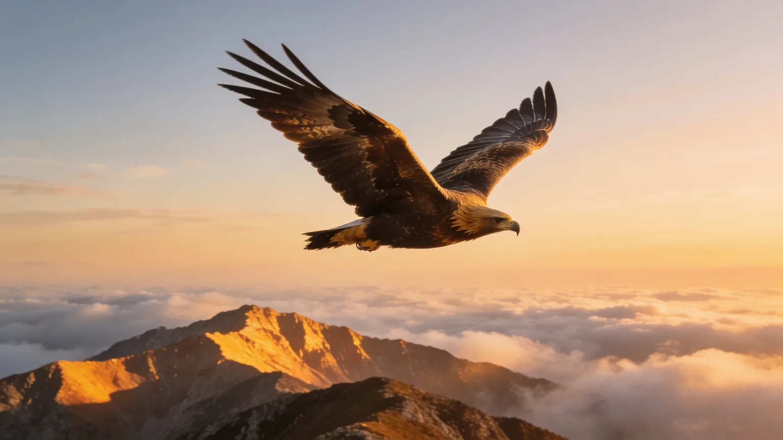 A lone eagle soaring above sunlit mountain ridges and morning clouds at dawn, the rising strength of an Isaiah 40:31 song