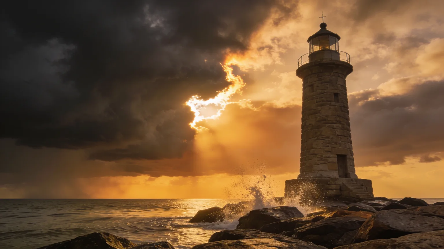 A stone lighthouse standing firm on a rocky shore as storm clouds break and warm light comes through, the held-steady picture of Isaiah 41:10