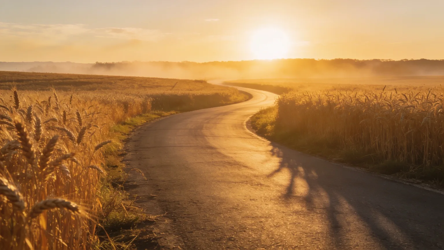 A winding country road through golden wheat fields toward a bright sunrise on the horizon, the hopeful road ahead of a Jeremiah 29:11 song
