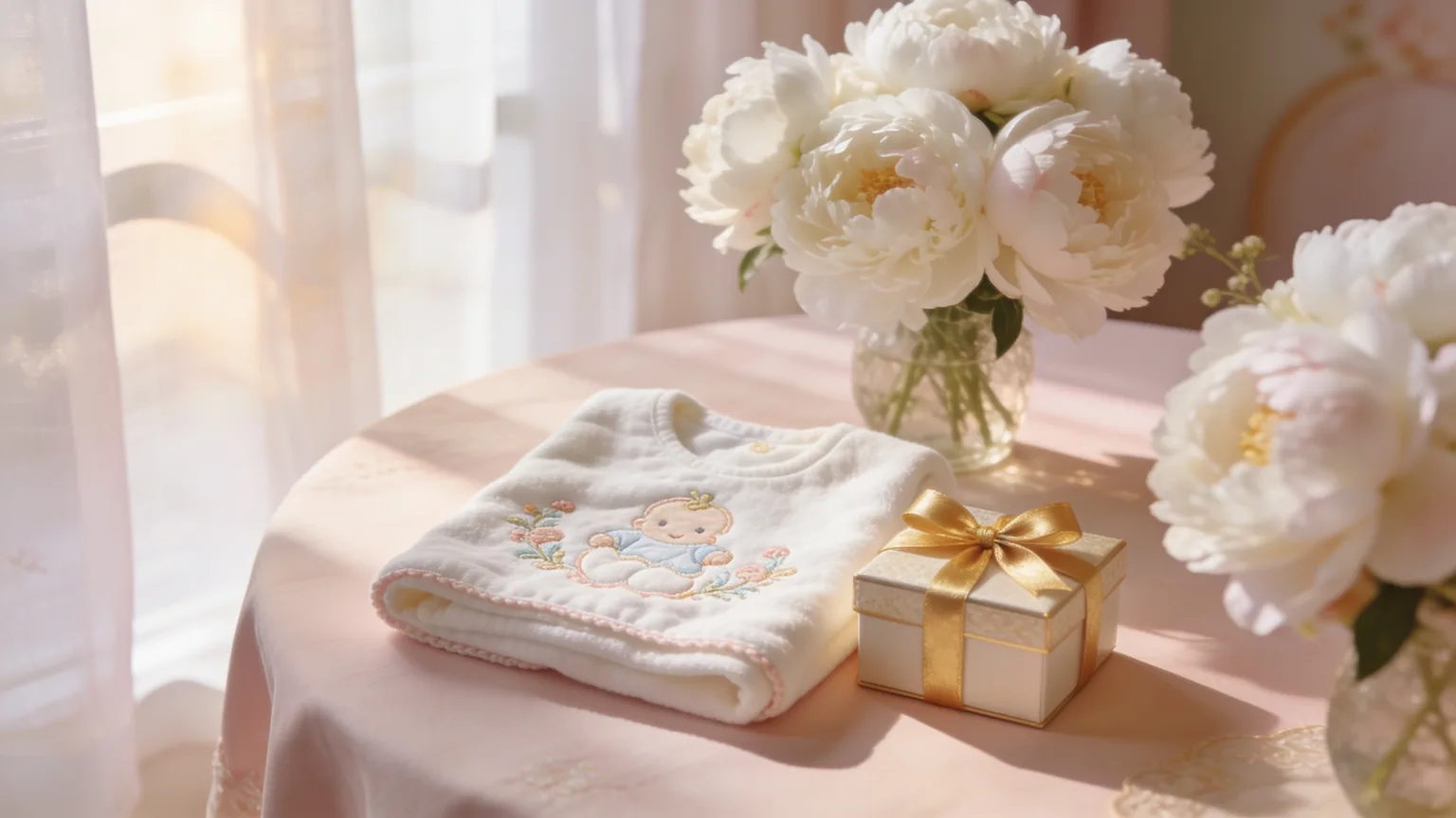 White flowers and a tiny keepsake on a celebration table for a Jewish baby naming song