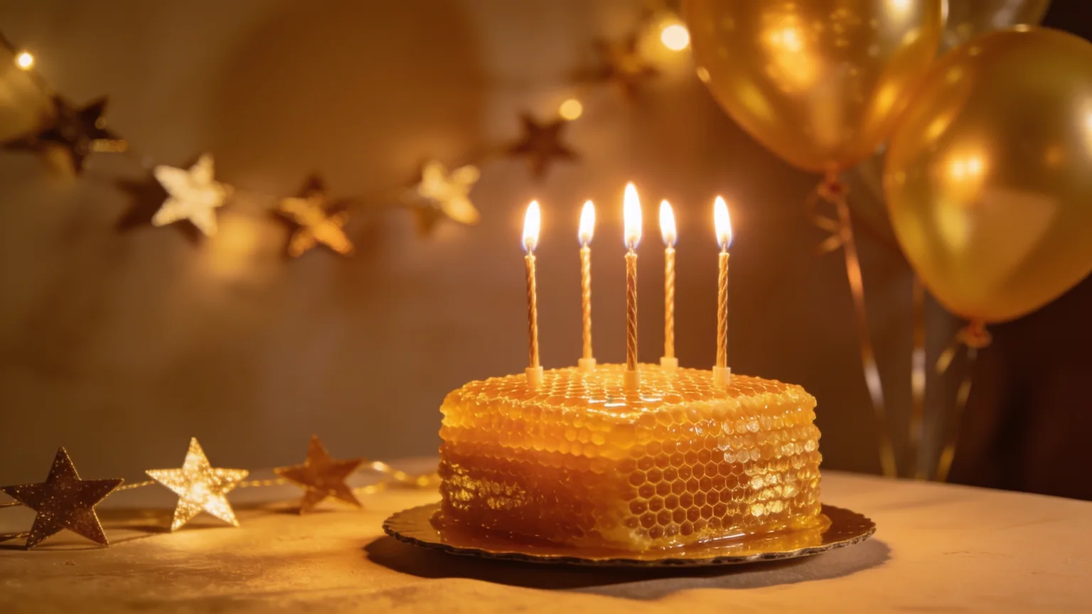 Honey cake with lit candles and gold decorations for singing a Jewish birthday song