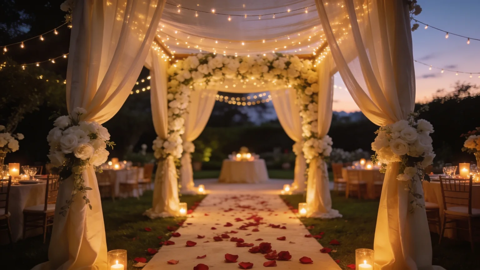 Flower-covered chuppah at dusk before the celebration, the joy a Jewish wedding song captures