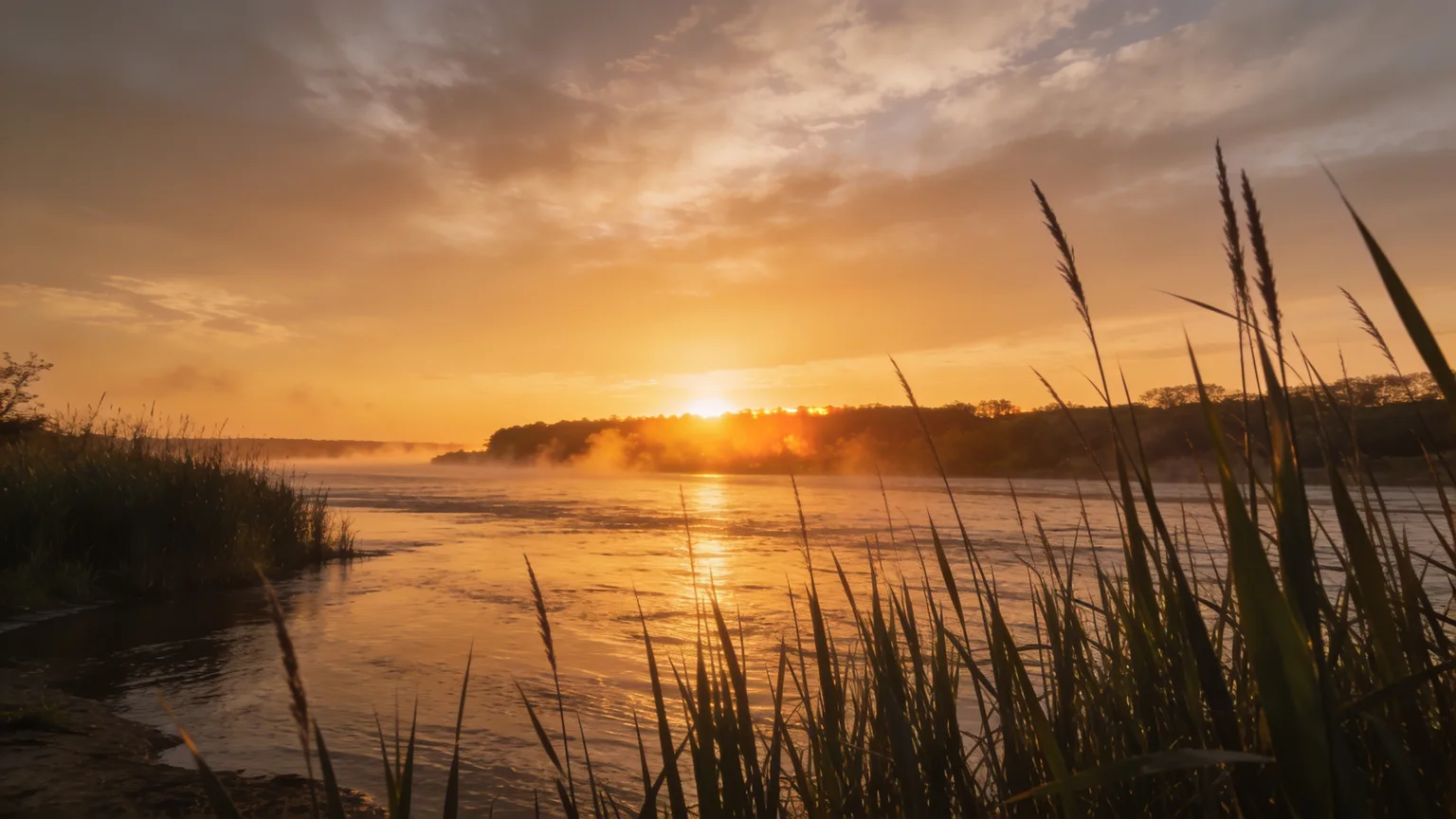 A wide slow river at dawn with reeds in the foreground and the far shore lit by the first warm light of sunrise