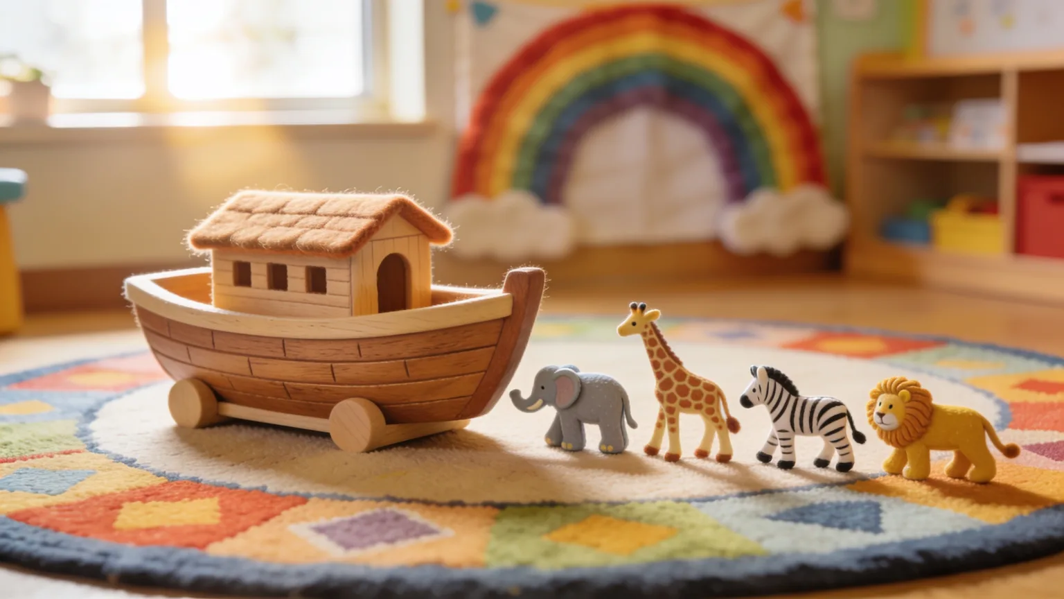 A wooden Noah's ark toy with painted animal pairs on a classroom rug, the story at the heart of a kids Bible song they'll never forget