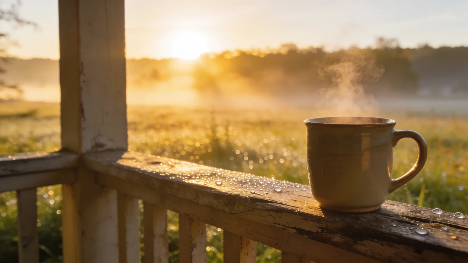 Sunrise breaking over a dew-covered meadow, golden light through morning mist and a steaming mug on a wooden porch rail, the new-every-morning picture of Lamentations 3