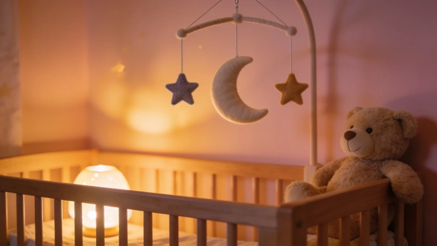 A moon-and-stars mobile drifting above a softly lit crib, the quiet nursery scene a personalized lullaby is written for