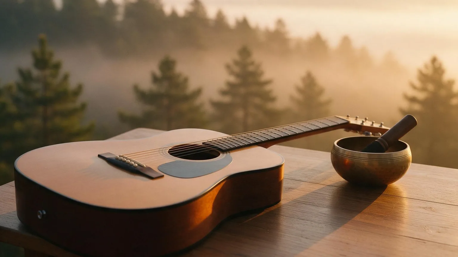 Misty pine ridge at dawn with a wooden table holding a nylon guitar and a brass Tibetan singing bowl, warm golden morning light, no people