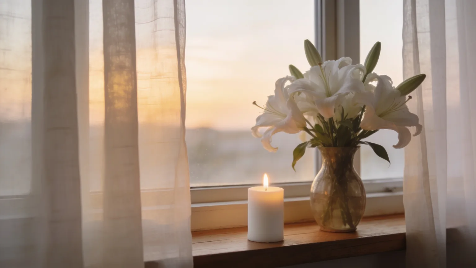 A single candle and white lilies in soft dawn light, holding the kind of quiet remembrance a memorial song puts into melody
