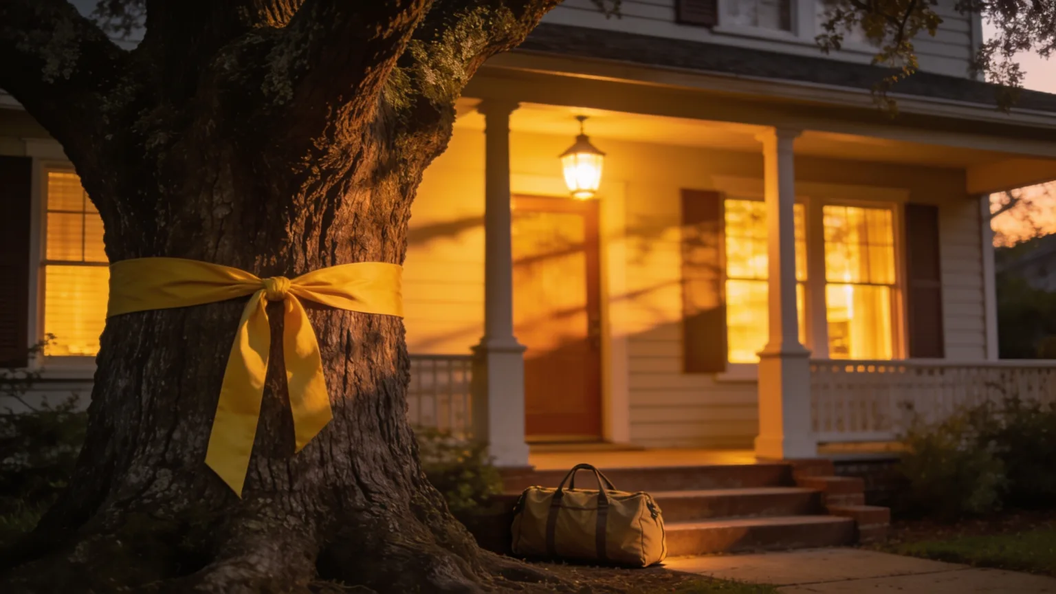 Yellow ribbon tied around an oak tree and a glowing porch light welcoming a soldier home, the moment a military homecoming song celebrates