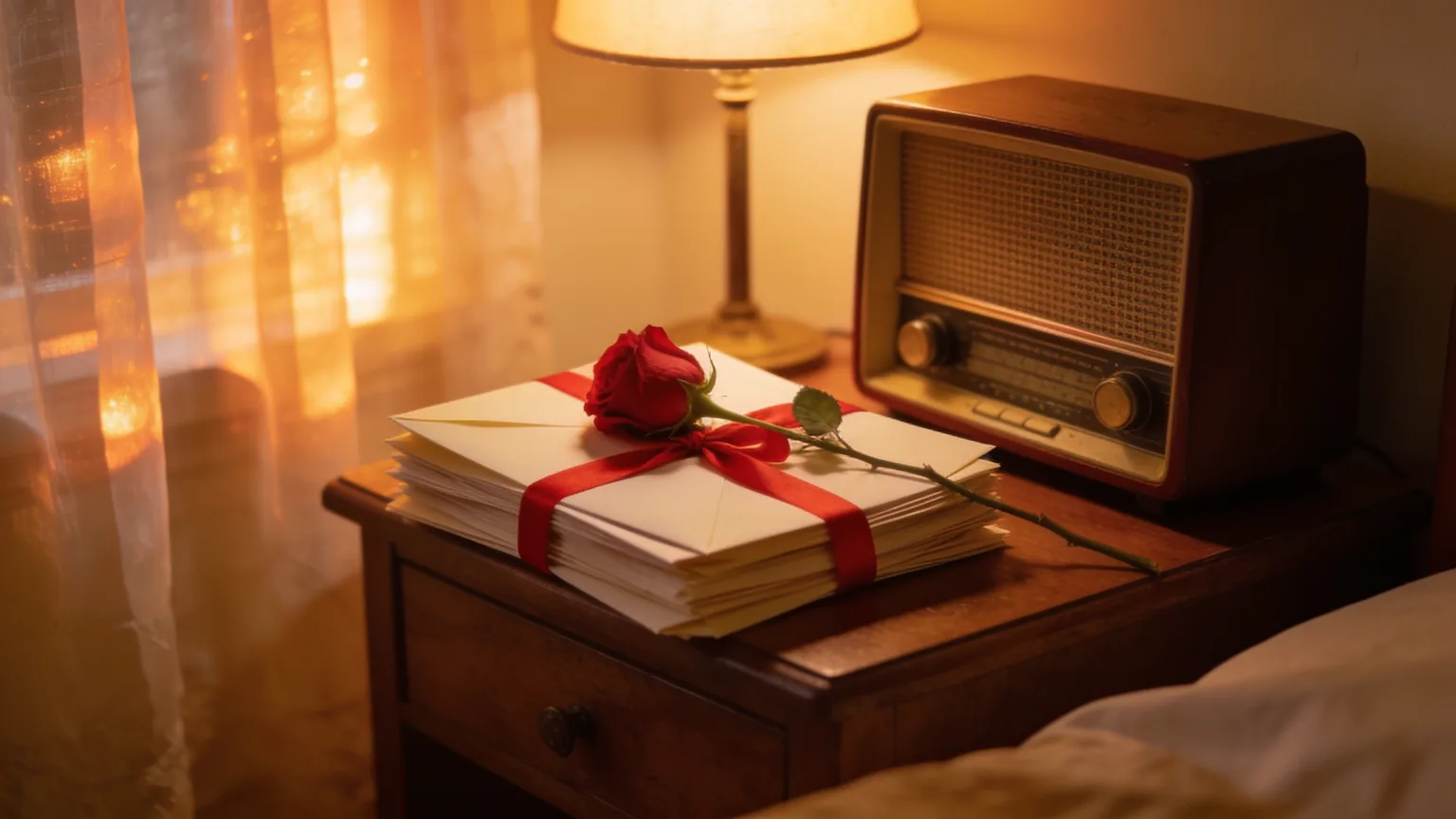 Ribbon-tied letters, a rose, and an old radio in warm lamplight, the long-distance devotion a military love song puts into words