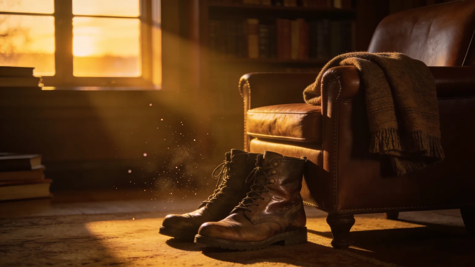 Worn boots finally at rest beside a leather armchair in golden evening light, the end of a career a military retirement song honors