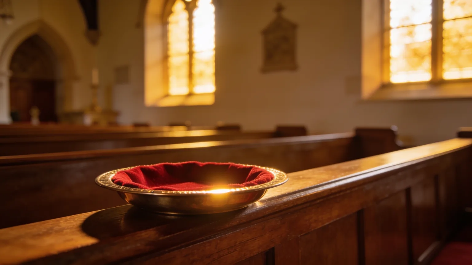 A brass offering plate glowing in soft window light on a church pew, the quiet moment offering songs give music to