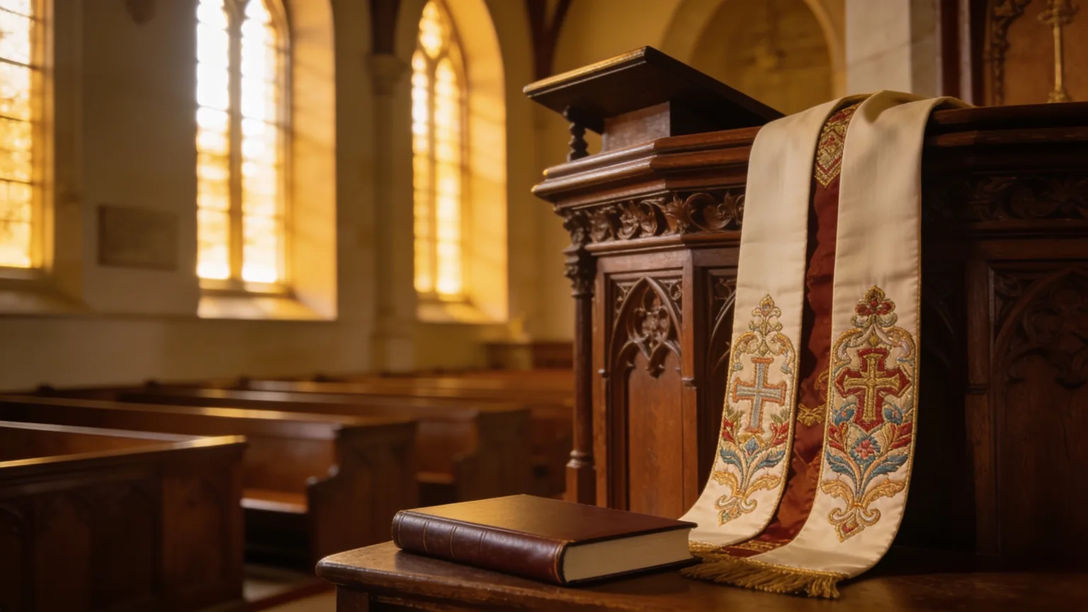 A clergy stole draped over a sunlit pulpit awaiting the service, the sacred charge ordination service songs give voice to