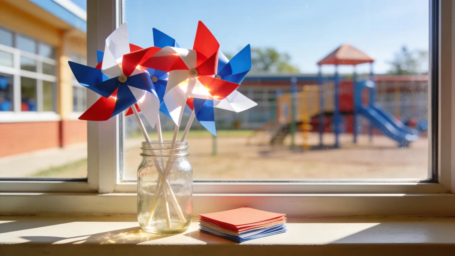 Red, white, and blue pinwheels glowing on a sunny classroom windowsill, ready for a school program of patriotic songs for kids