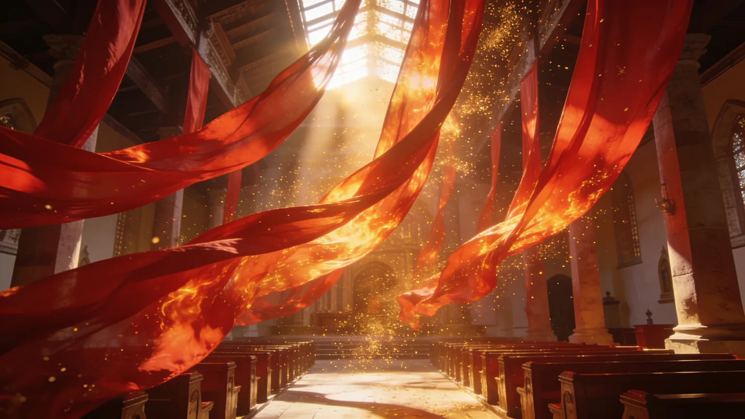 Crimson banners billowing like flames in a sunlit sanctuary, the wind-and-fire wonder that Pentecost songs celebrate