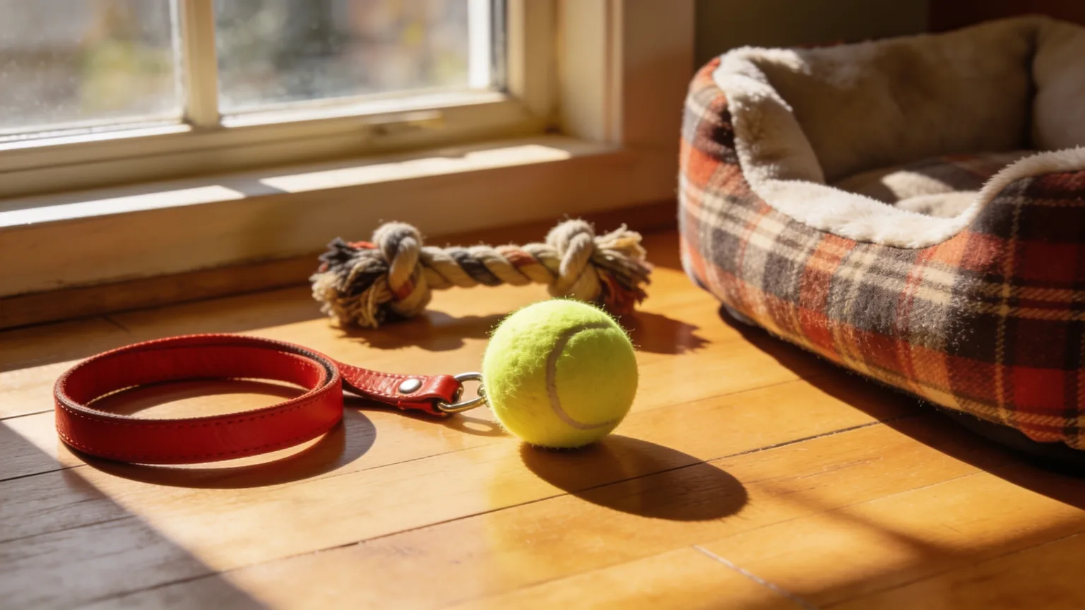 A tennis ball, leash, and cozy pet bed in warm afternoon sun, everyday treasures of the four-legged star of a personalized pet song