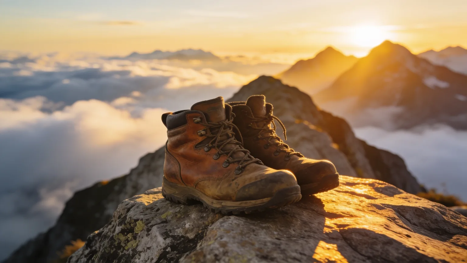 A pair of worn hiking boots resting on a sunlit mountain summit rock above a sea of clouds at sunrise, the climb behind a Philippians 4:13 song