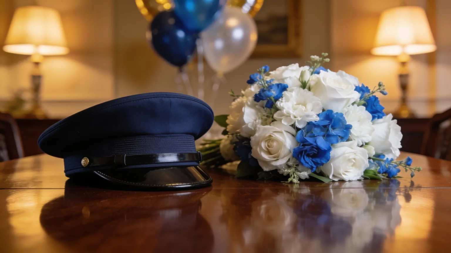 Service cap and flowers on a table with party balloons glowing behind, the retirement celebration a police tribute song was written for