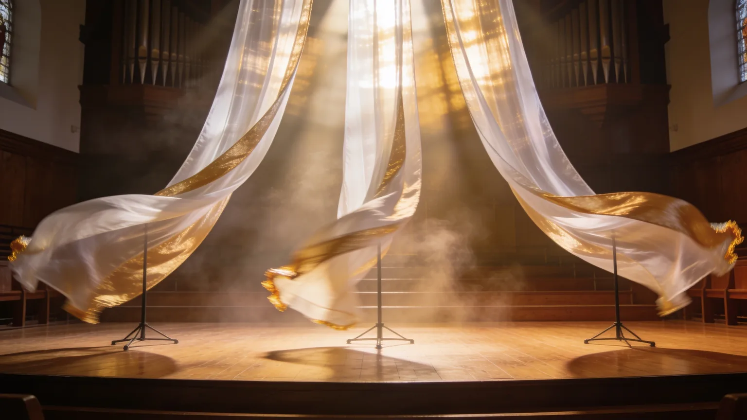 White and gold worship banners billowing in warm stage light, the movement that praise dance songs are choreographed to carry