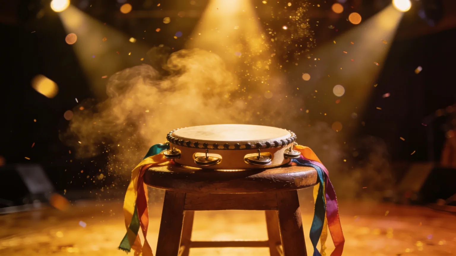 A ribboned tambourine waiting on a stage bathed in golden light, set for the joyful noise of an original praise song