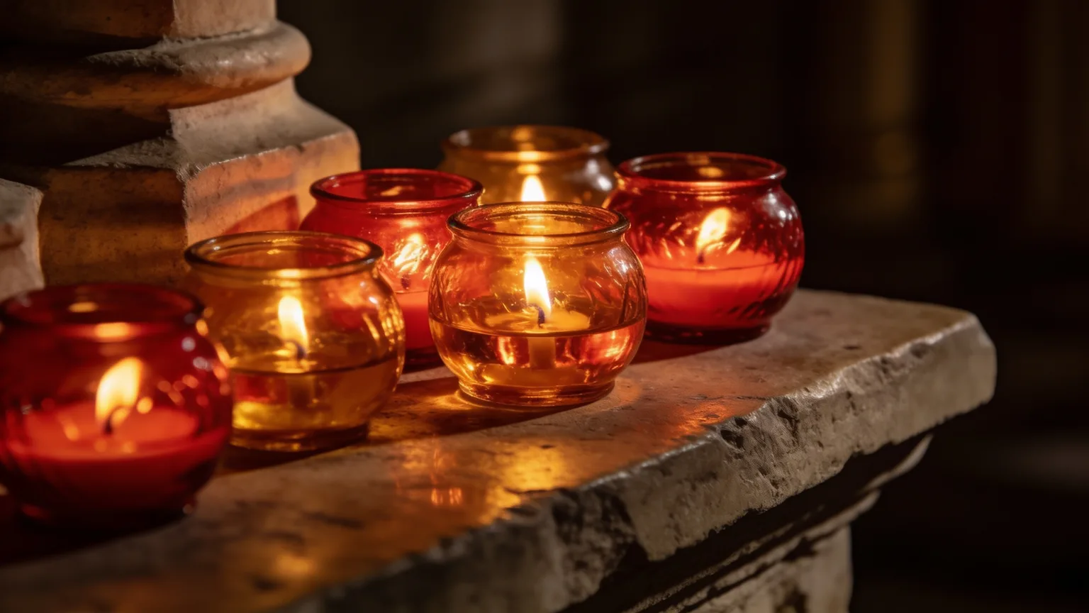 Votive candles flickering on a stone ledge in a quiet chapel, the stillness where a prayer song begins