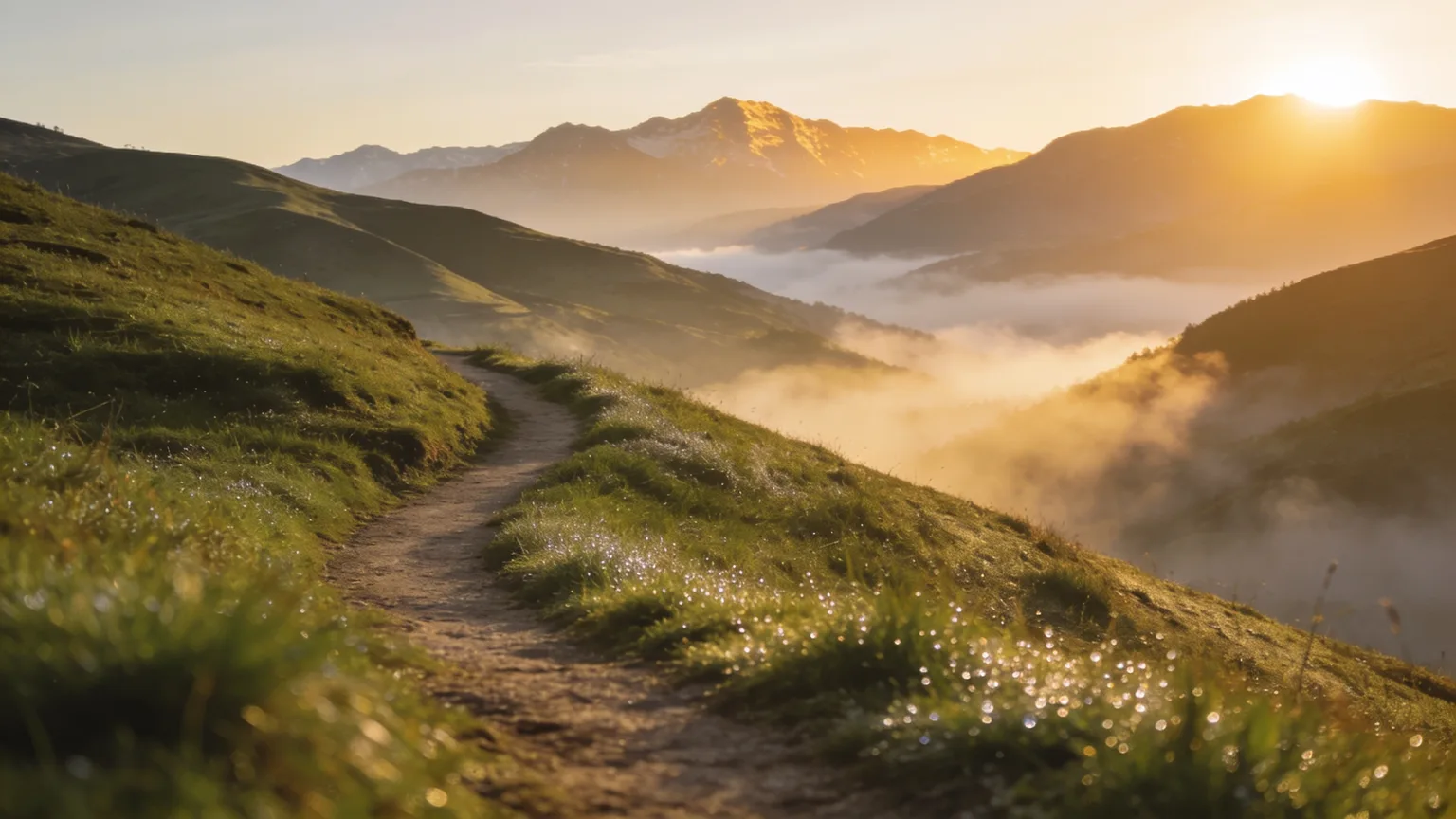 A winding footpath climbing green hills under first light, mist in the valleys, the road of the pilgrims who sang Psalm 121
