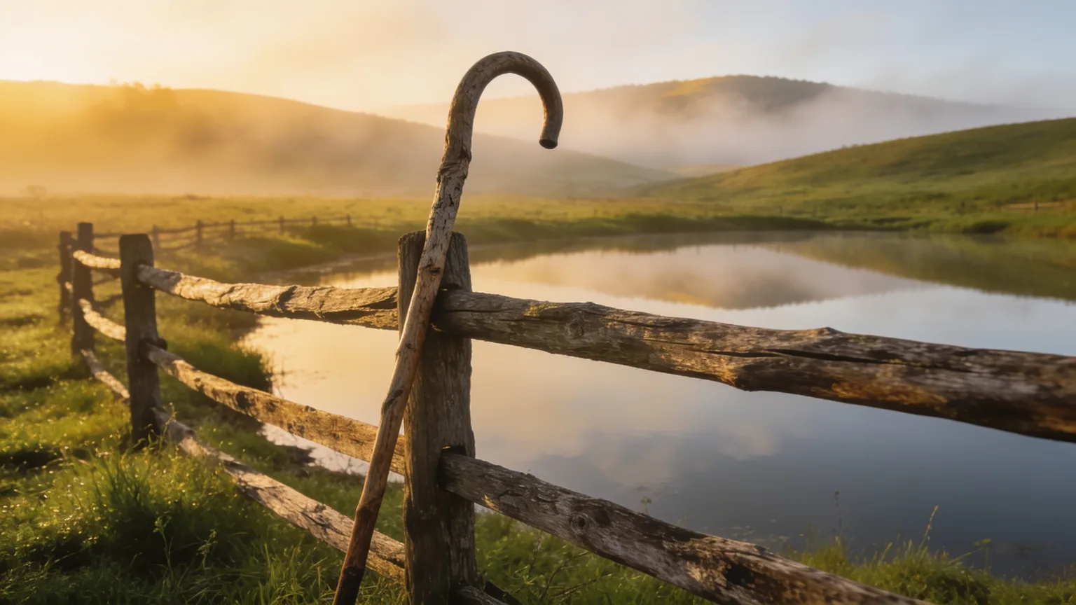A wooden shepherd's staff leaning on a fence beside a still pond in a green pasture at dawn, the quiet landscape of a Psalm 23 song