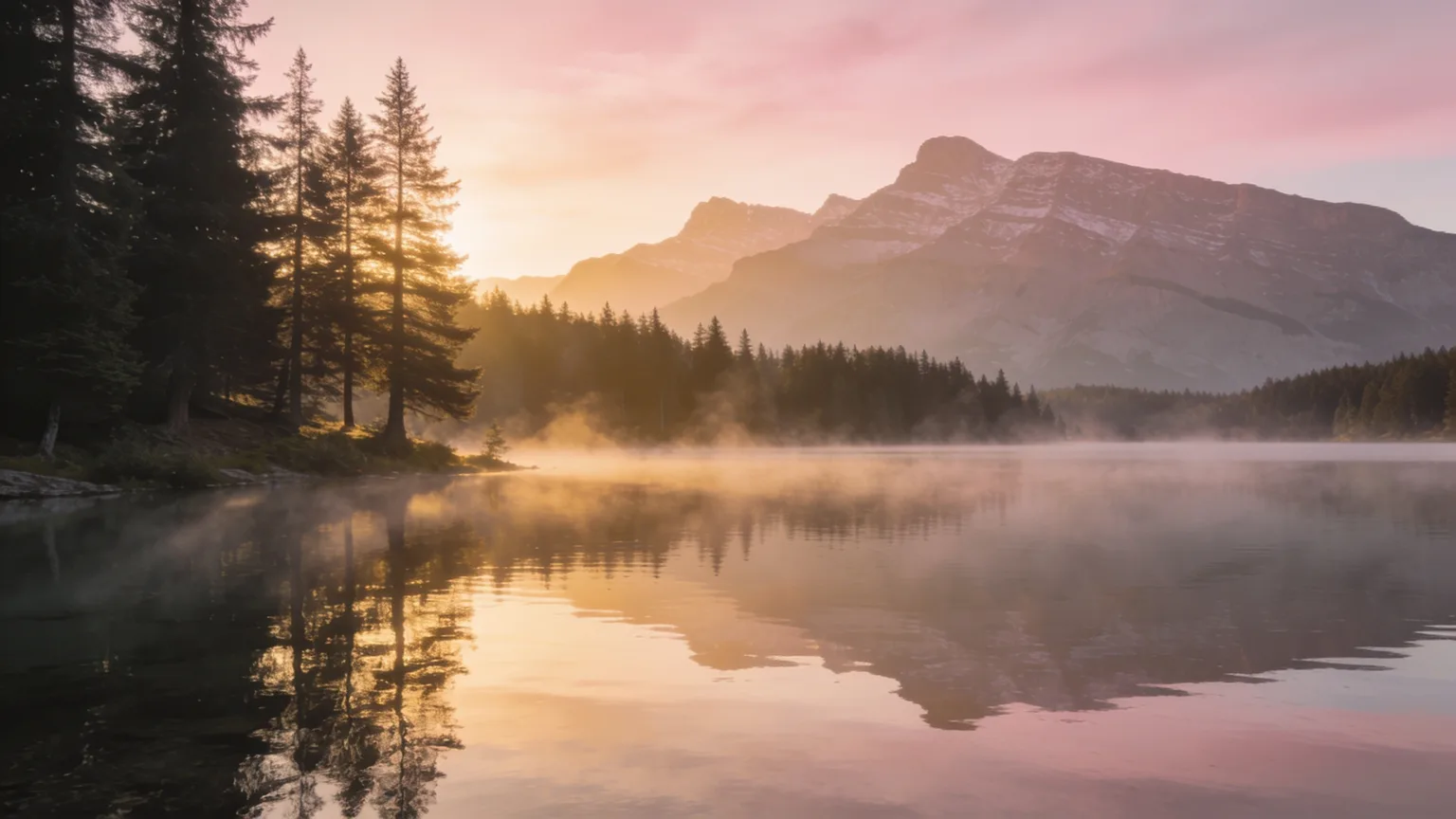 A perfectly still mountain lake at dawn, glassy water reflecting soft pink light and drifting mist