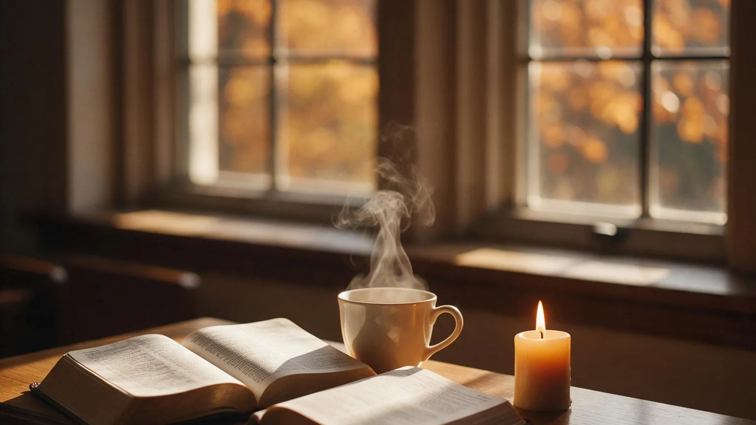 Warm chapel still life with open hymnals, candlelight, and a steaming cup on a wooden table; soft autumn light, no people