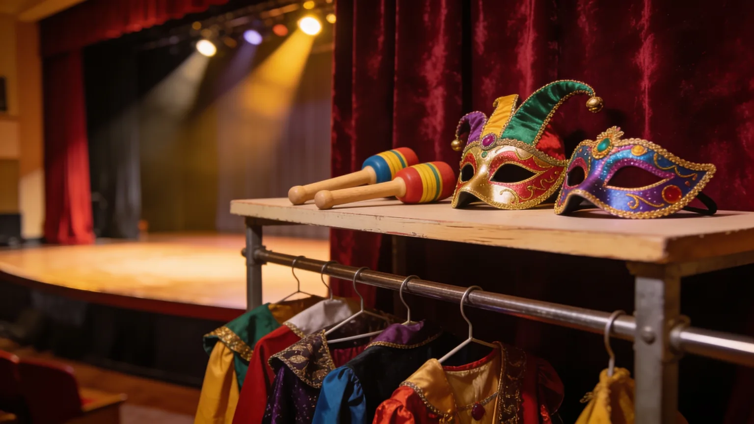 Stage with velvet curtain, masks, and noisemakers ready for this year's Purim shpiel songs