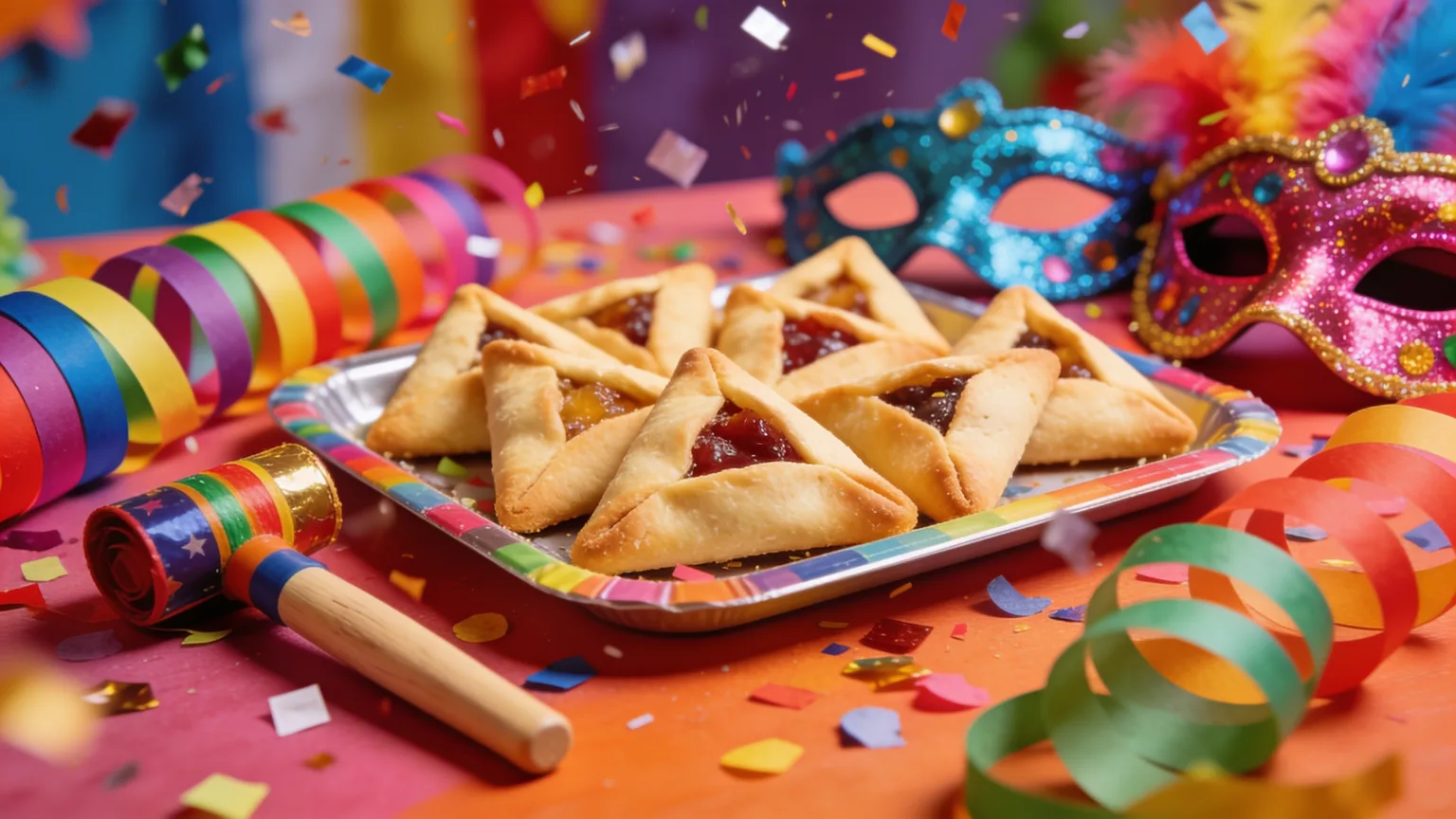 Hamantaschen, masks, and noisemakers set for the costume parade and Purim songs for kids