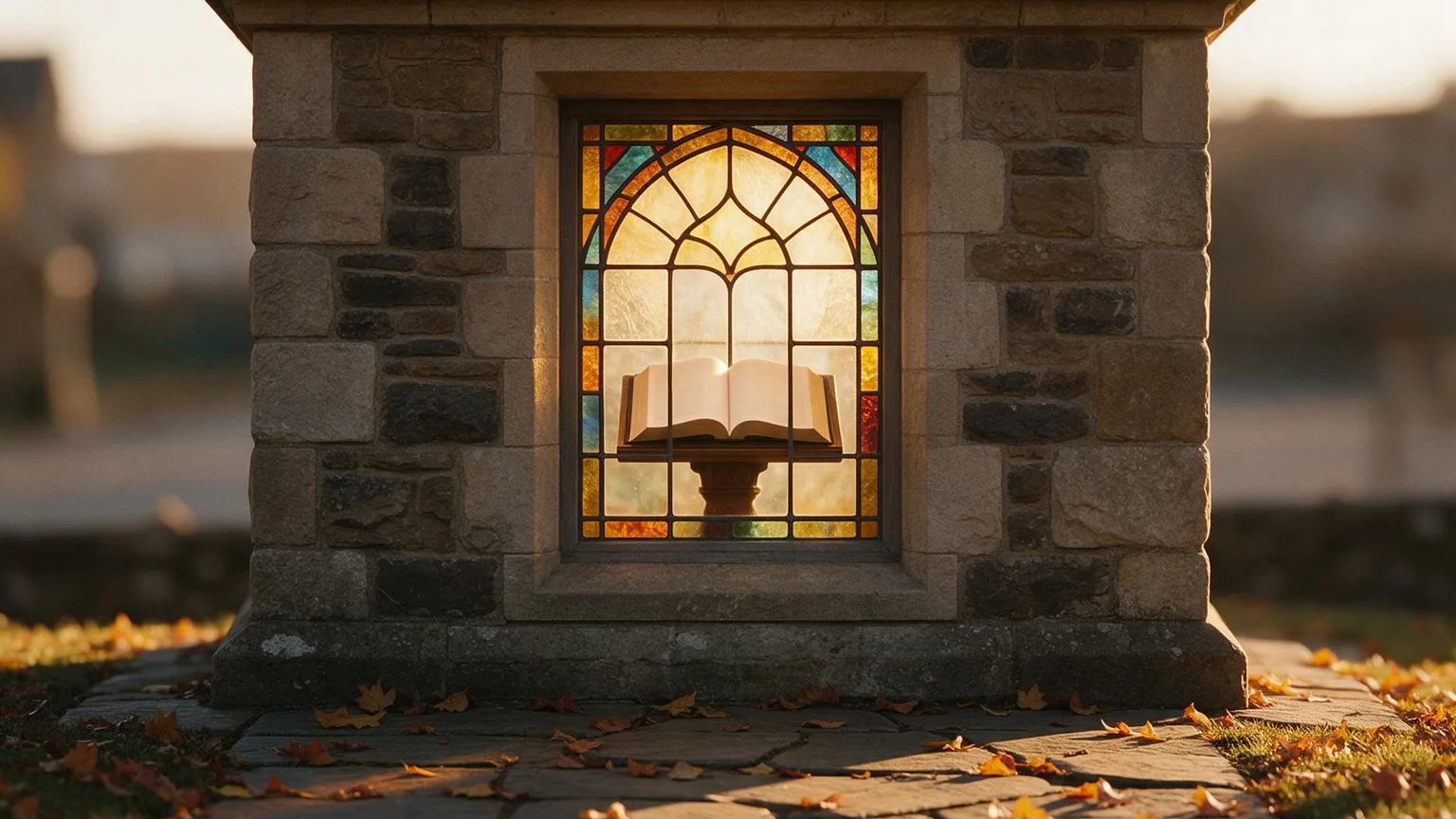 Warm editorial image of a stone church steeple and stained glass at golden hour with autumn leaves on a flagstone path, close-up detail, no people