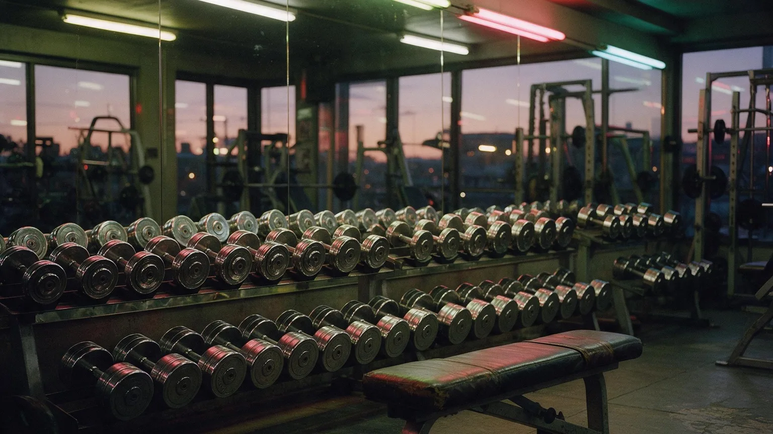 neon-lit gym corner with stacked chrome dumbbells, worn bench and soft tube light reflections on concrete floor, no people