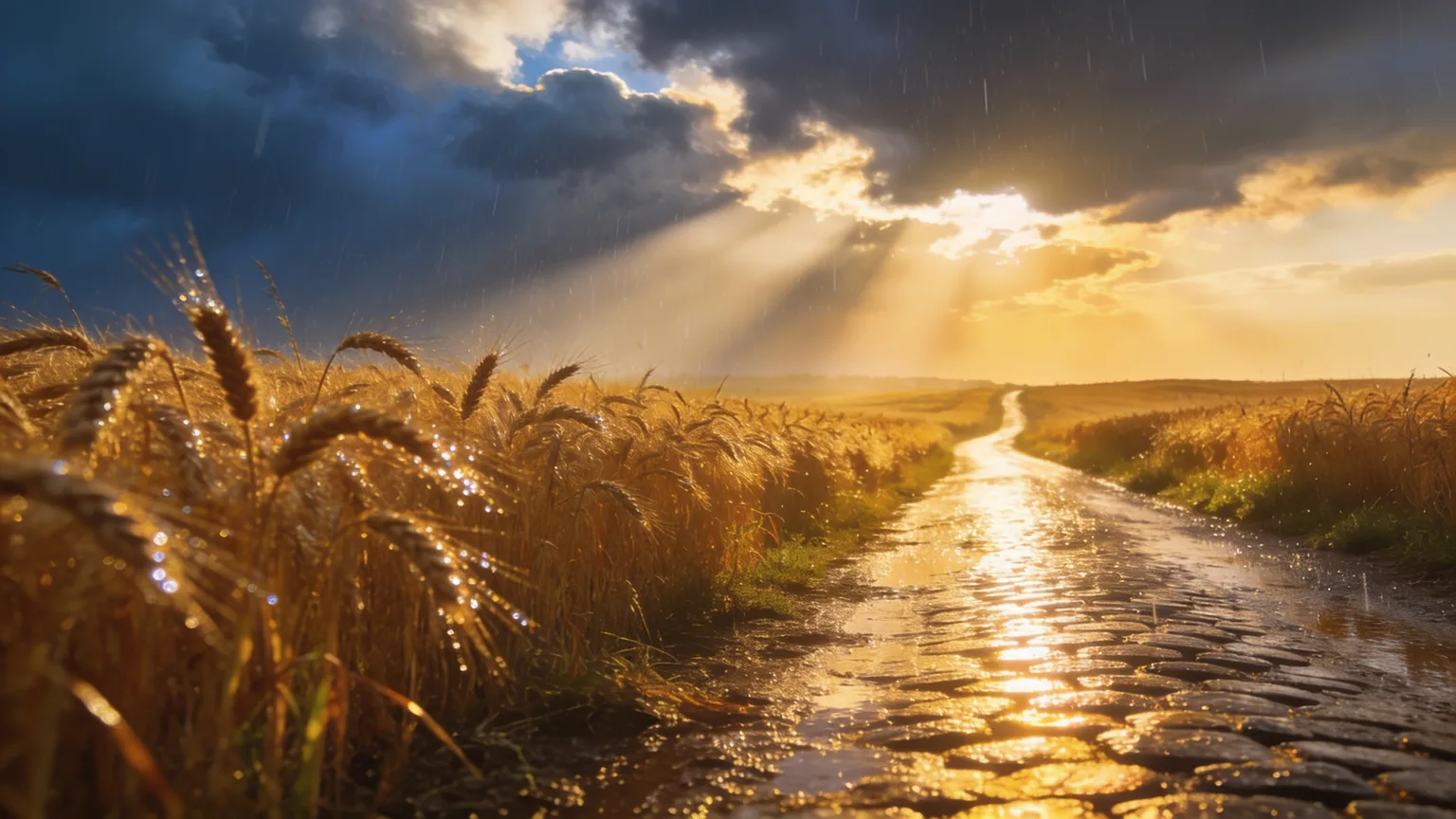 Late-afternoon sun breaking through a clearing storm over golden wheat fields, a wet country lane catching the light